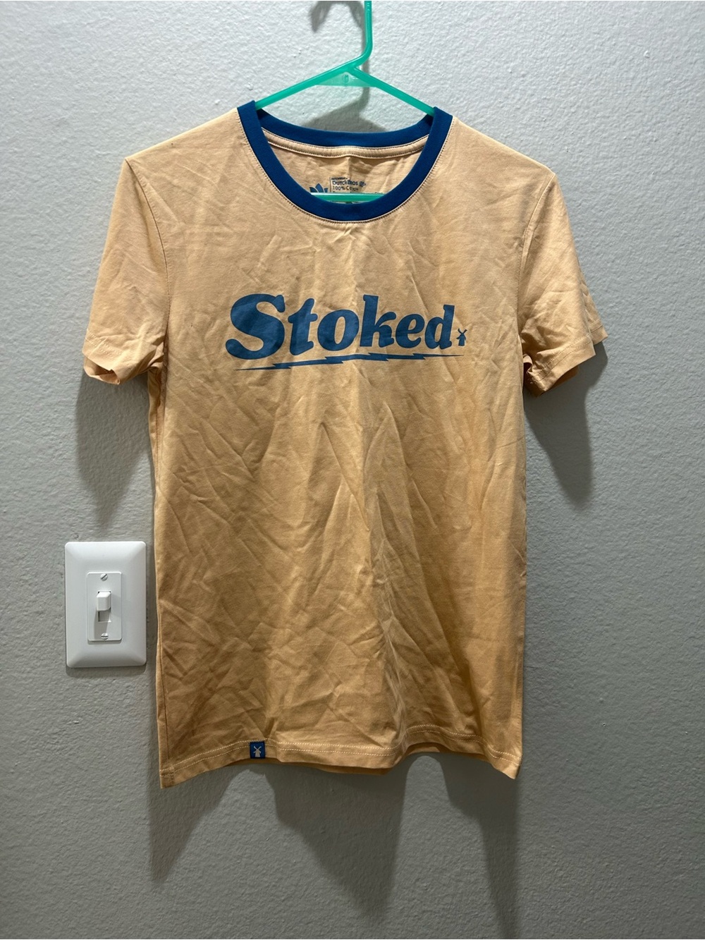 Dutch Bros Tan Tee with Blue 'Stoked' Chest Logo